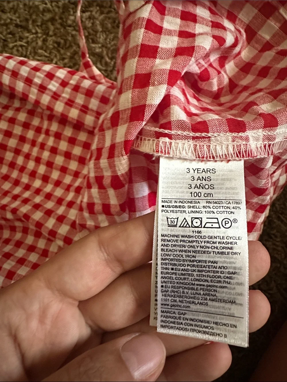 GAP Red and White Gingham Spaghetti-Strap Dress